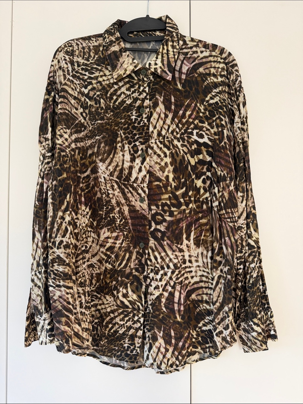 Women's Button-Down Animal Print Shirt with matching pants  - Brown Multi
